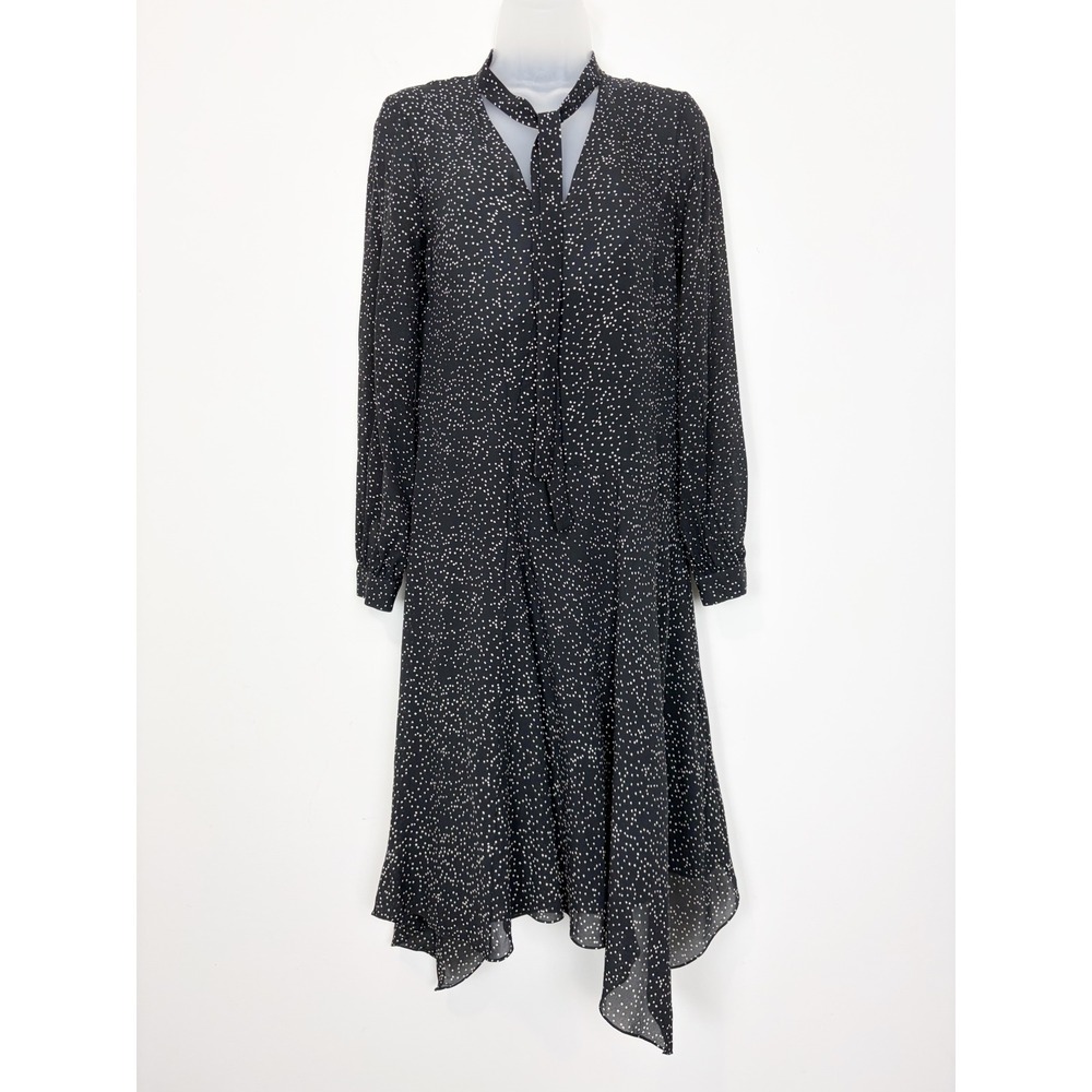 Theory Draped Tie Neck Dress in Speckled Silk Polka Dot Midi Black White Sz‎ 2